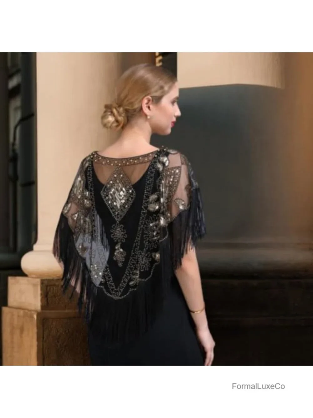 1920s Sequin Beaded Flapper Evening Shawl Wrap Short Capelet Cover Up